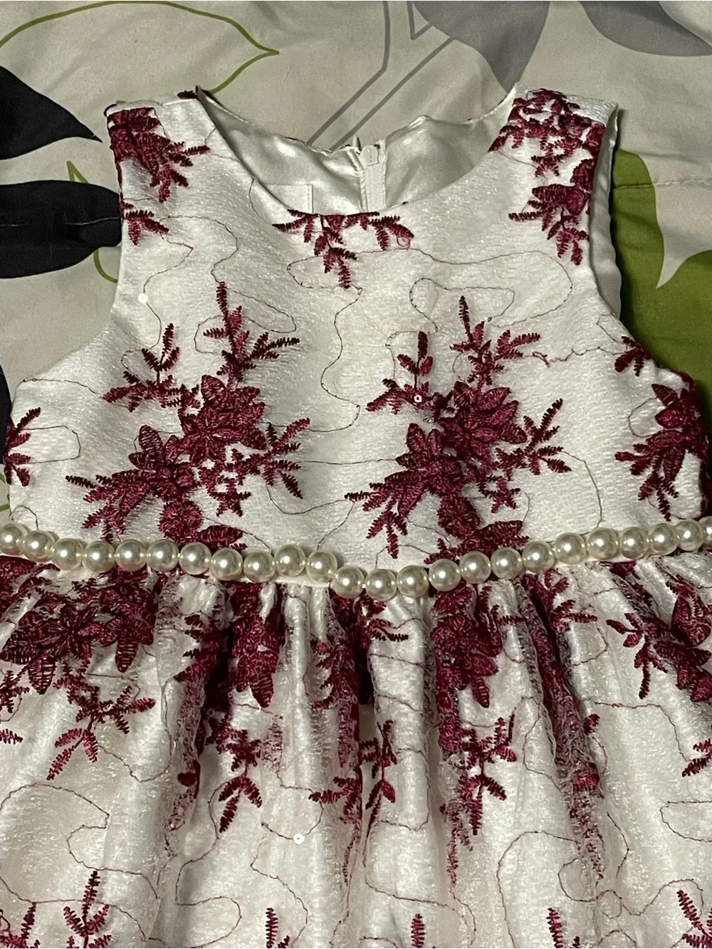 American Princess White Dress with Burgundy Floral Lace For Girls, Size 5